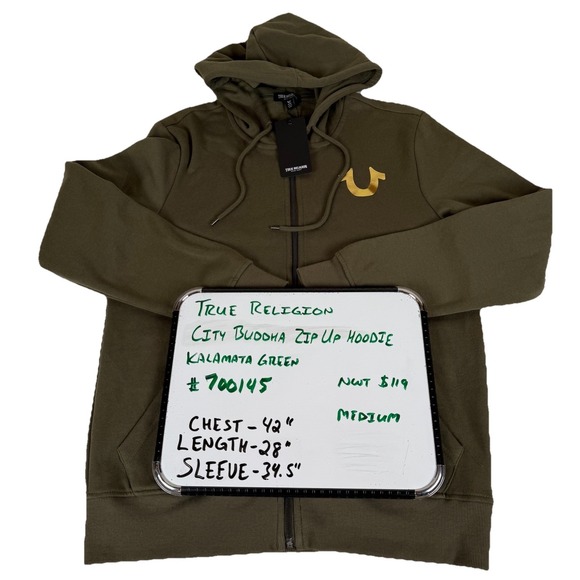 True Religion City Buddha Zip Up Hoodie Men's Medium Kalamata Green New $119 - Picture 2 of 8